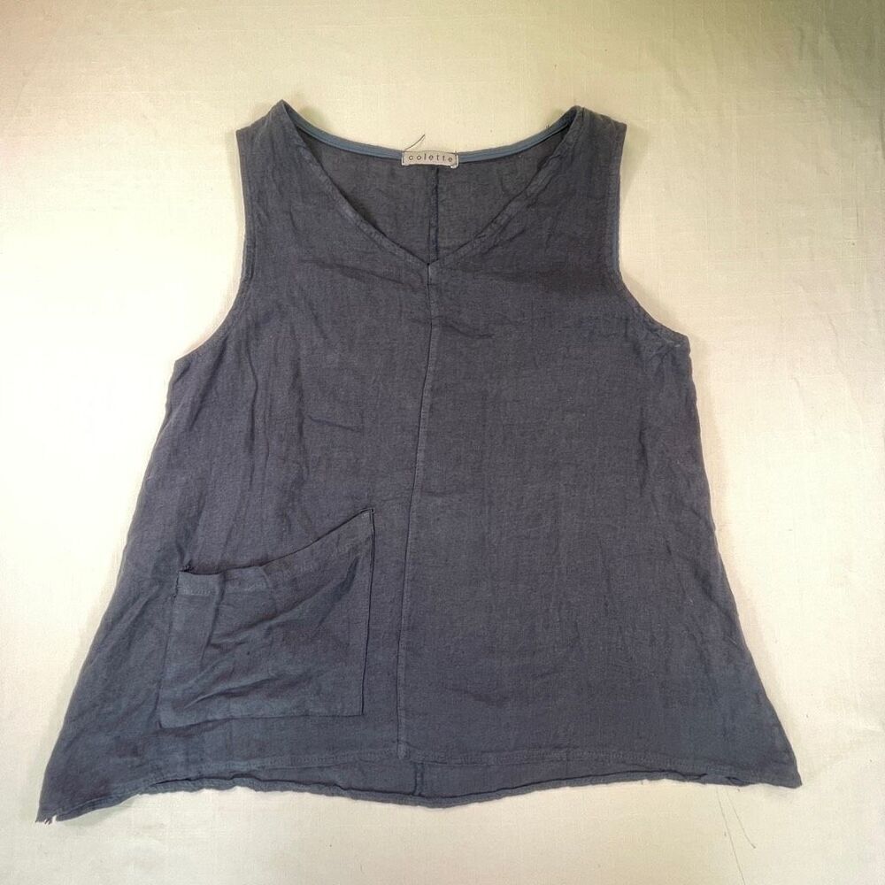 Collette Blue Relaxed Linen V-Neck Pullover Sleeveless Blouse Top Size Large